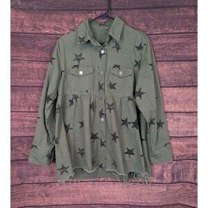 Olive Green Star Print Button Front Baby Doll Shacket Shirt Sz Medium Army Green